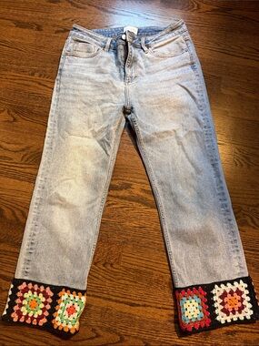 DRIFTWOOD Light Blue Flare Jeans with Multicolor Crochet Hems